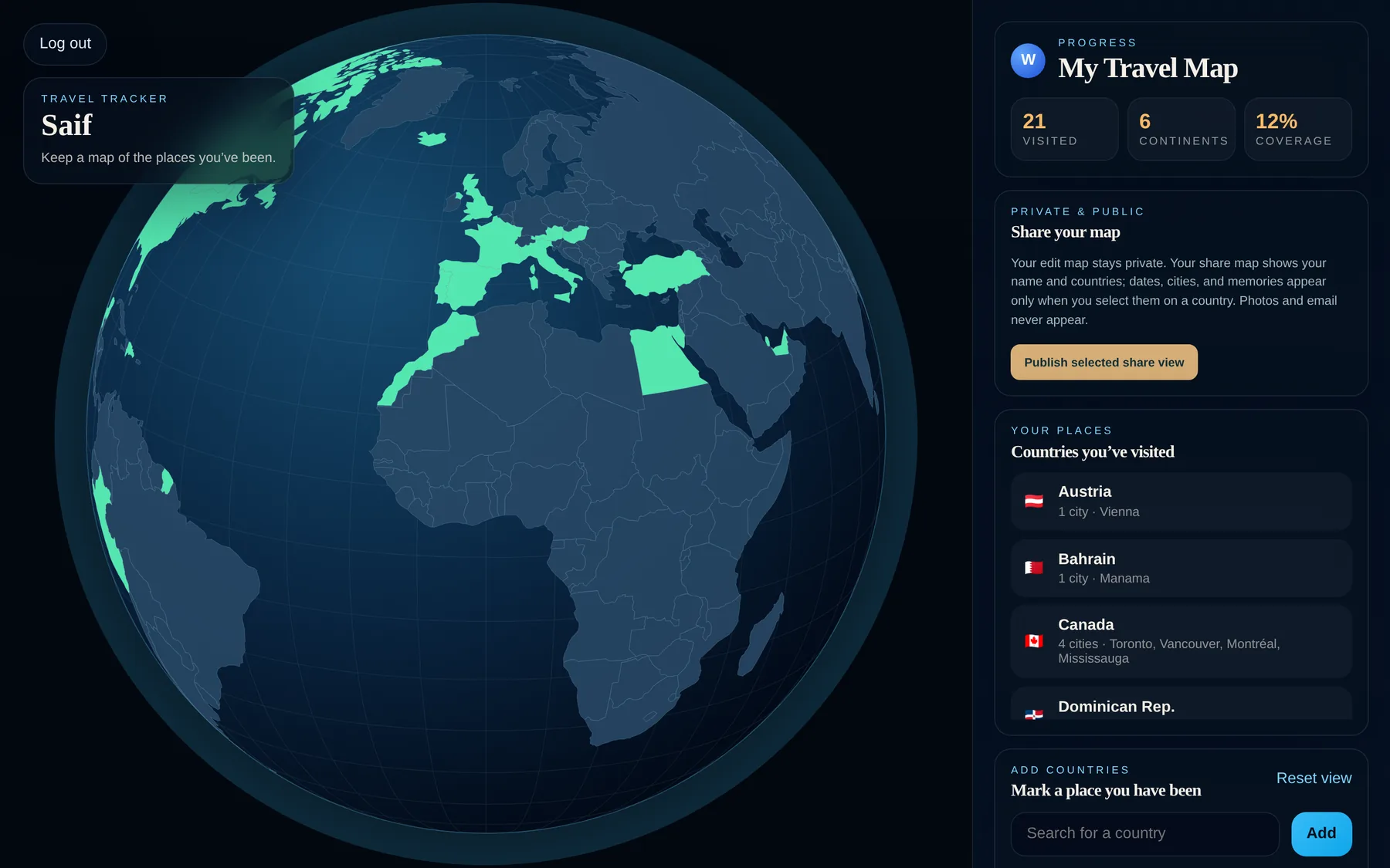 WorldLens map with 21 countries lit up and a passport list