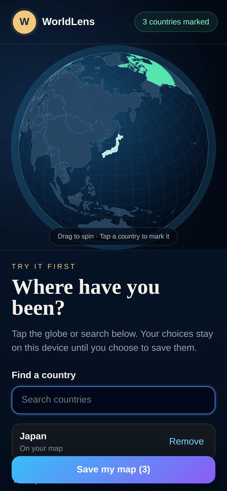 Picking countries on the globe before signing up