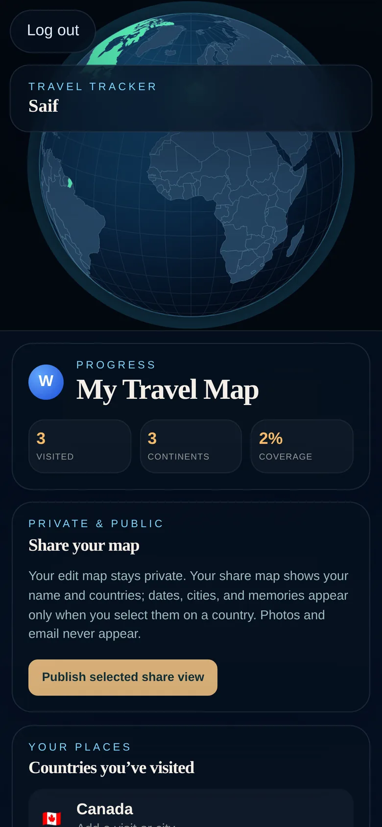 A WorldLens map on a phone with visited countries lit up