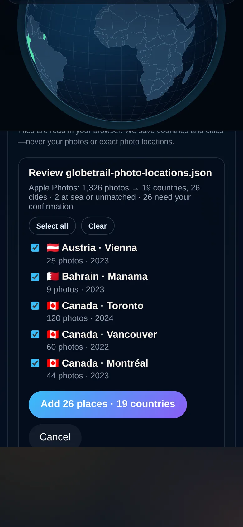 Review screen listing places found in photos