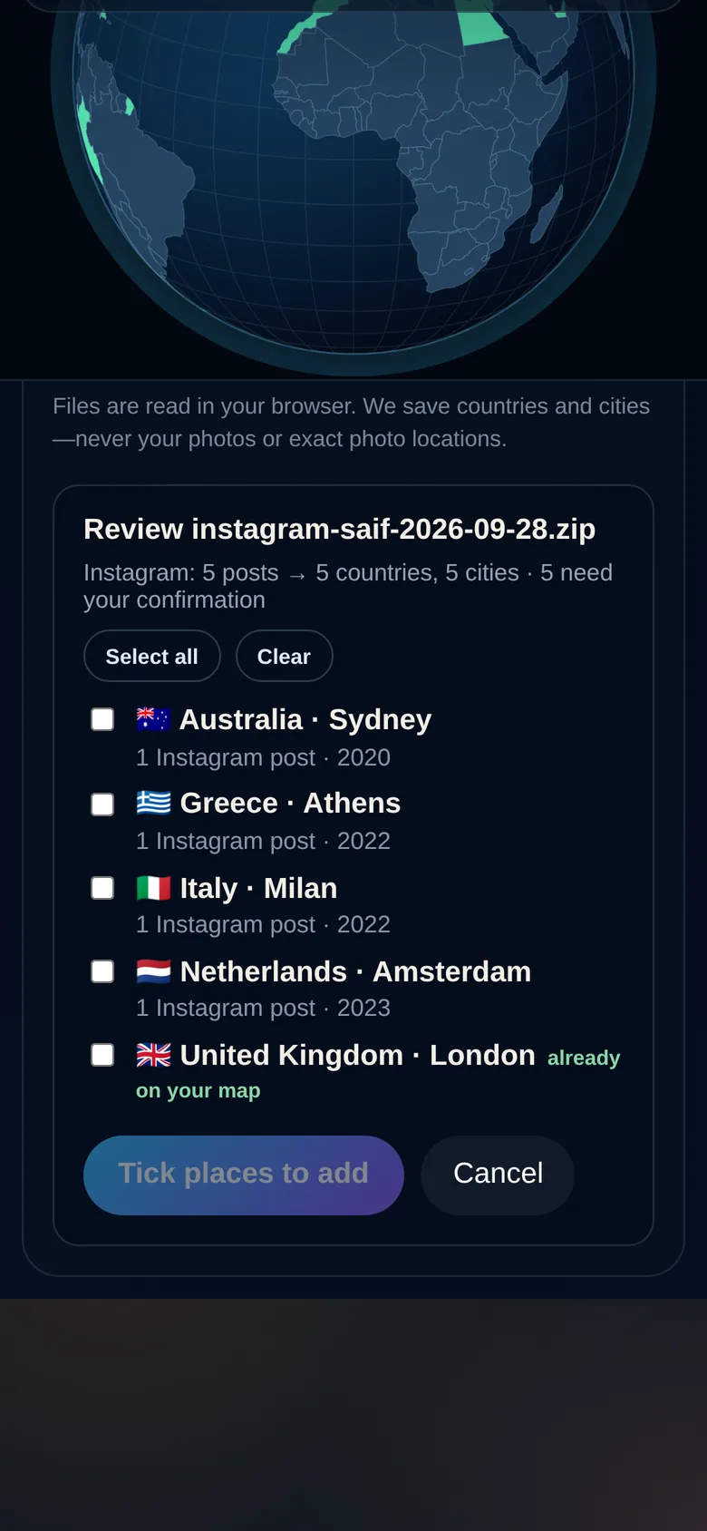 Review screen listing places found in Instagram